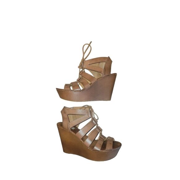 Steve Madden Limmoo Caged Wedges Faux Wooden Look Brown 9.5 - Picture 4 of 11